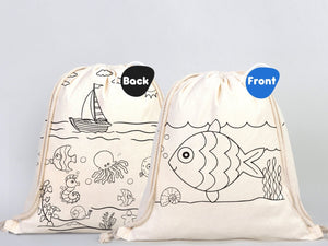 Fish Coloring Drawstring Backpack For Kids - 14"W x 16"H (35 cm x 40 cm) NO PENCIL In This Package, Ship Coloring Bag, Cotton Drawstring Bags For Kids - Pamusan.com