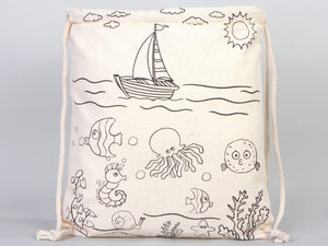 Fish Coloring Drawstring Backpack For Kids - 14"W x 16"H (35 cm x 40 cm) NO PENCIL In This Package, Ship Coloring Bag, Cotton Drawstring Bags For Kids - Pamusan.com