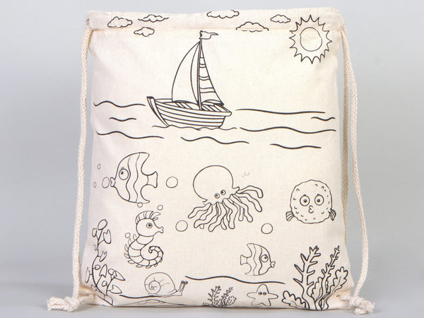 Fish Coloring Drawstring Backpack For Kids - 14"W x 16"H (35 cm x 40 cm) NO PENCIL In This Package, Ship Coloring Bag, Cotton Drawstring Bags For Kids - Pamusan.com