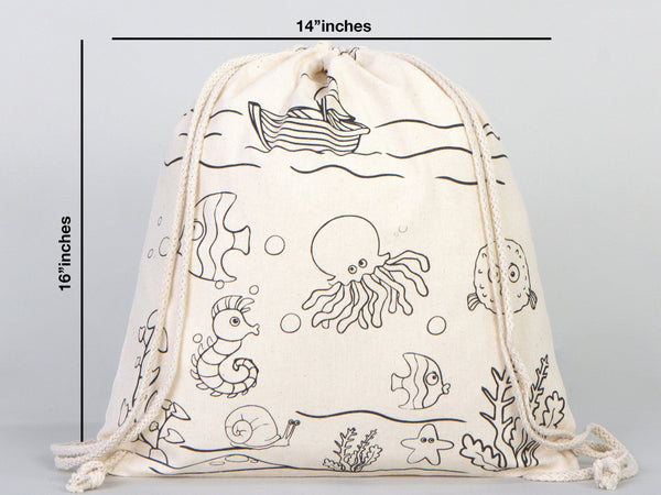 Fish Coloring Drawstring Backpack For Kids - 14"W x 16"H (35 cm x 40 cm) NO PENCIL In This Package, Ship Coloring Bag, Cotton Drawstring Bags For Kids - Pamusan.com