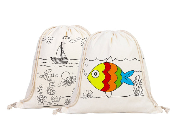 Fish Coloring Drawstring Backpack For Kids - 14"W x 16"H (35 cm x 40 cm) NO PENCIL In This Package, Ship Coloring Bag, Cotton Drawstring Bags For Kids - Pamusan.com