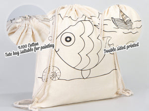 Fish Coloring Drawstring Backpack For Kids - 14"W x 16"H (35 cm x 40 cm) NO PENCIL In This Package, Ship Coloring Bag, Cotton Drawstring Bags For Kids - Pamusan.com
