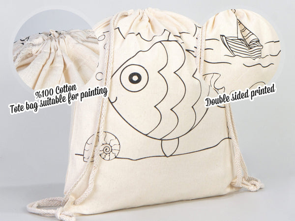 Fish Coloring Drawstring Backpack For Kids - 14"W x 16"H (35 cm x 40 cm) NO PENCIL In This Package, Ship Coloring Bag, Cotton Drawstring Bags For Kids - Pamusan.com