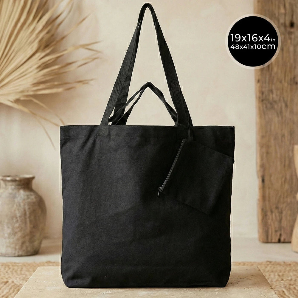 Foldable Cotton Shopping Bag with Black Clutch – 19" × 16" × 4" (48 × 41 × 10 cm) - 4 oz - Pamusan.com