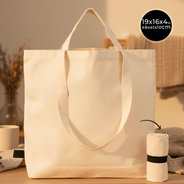 Foldable Cotton Shopping Tote Bag – 19" × 16" × 4" (48 × 41 × 10 cm) – 4 oz - Pamusan.com