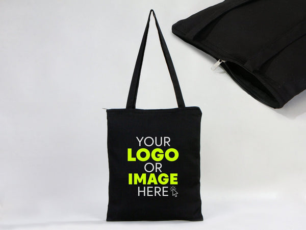 Gabardine Tote Bags With Zipper – Black 14"W x 16"H Custom Cotton Promotional Bags - Pamusan.com