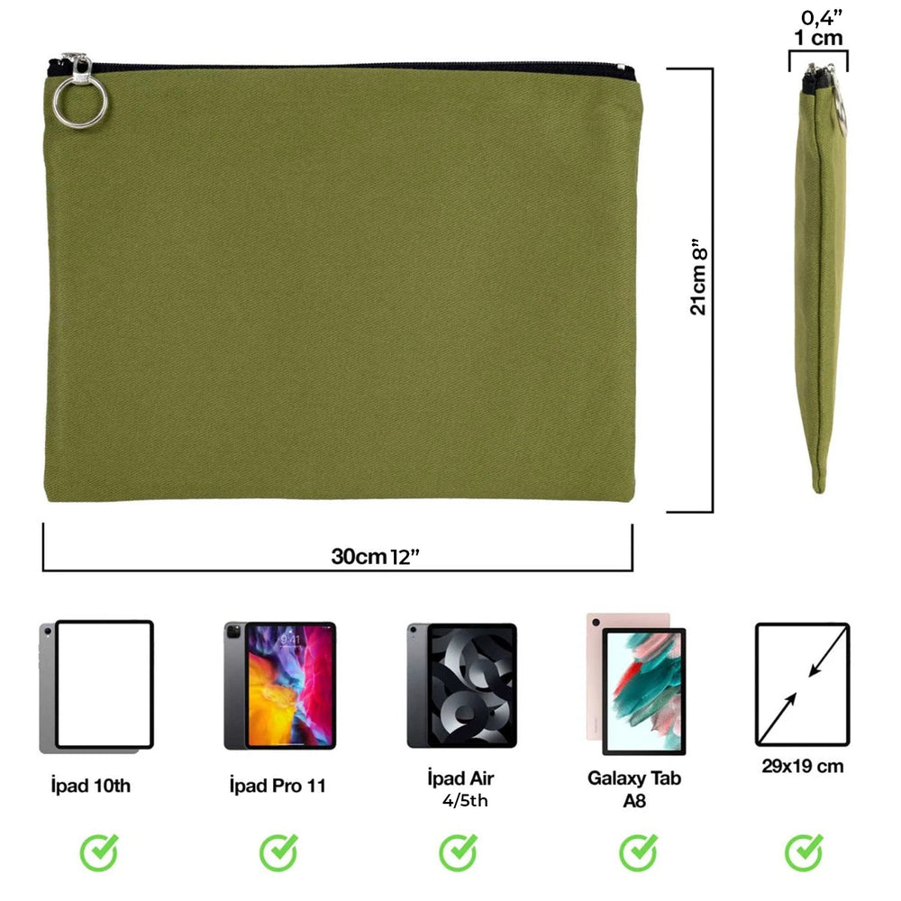 Green Cotton Zippered Clutch Pouch – 12" × 8" (30 × 21 cm) – 10 oz Fabric - Pamusan.com