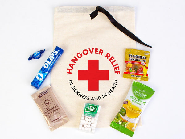 Hangover relief in sicknees and health kit bags, Hangover bags with Black Ribbon, Hangover kit bags, Wedding Recovery Kit Party bags - Pamusan.com