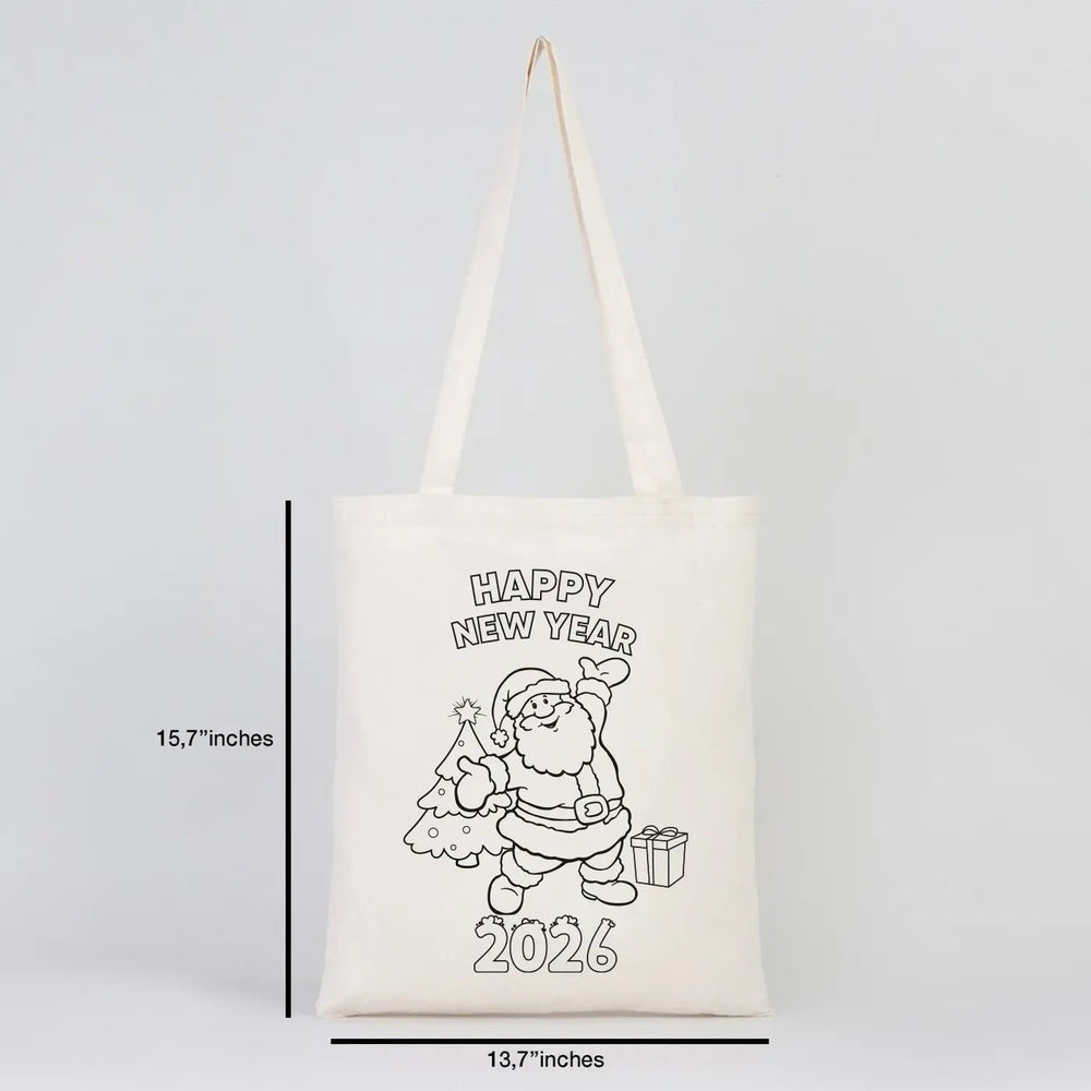 Happy New Year 2026 Coloring Tote – Santa with Christmas Tree Cotton Bag - Pamusan.com