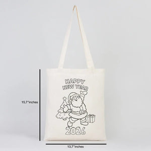 Happy New Year 2026 Coloring Tote – Santa with Christmas Tree Cotton Bag - Pamusan.com