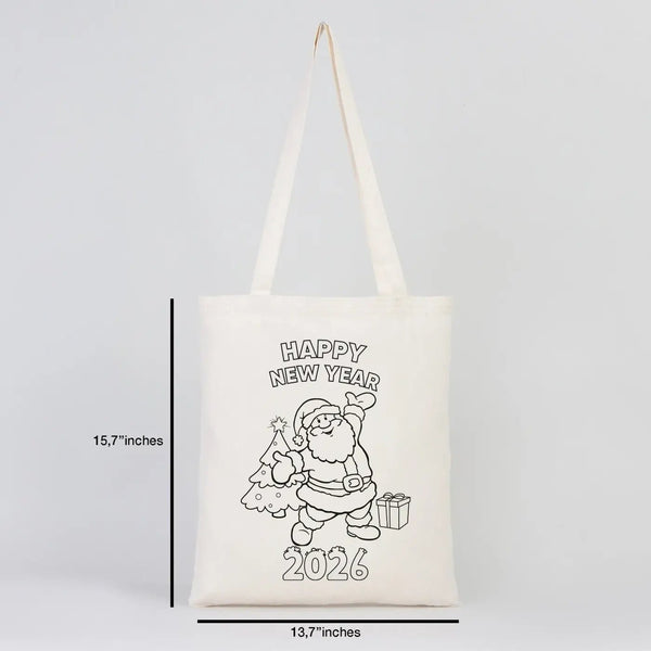 Happy New Year 2026 Coloring Tote – Santa with Christmas Tree Cotton Bag - Pamusan.com