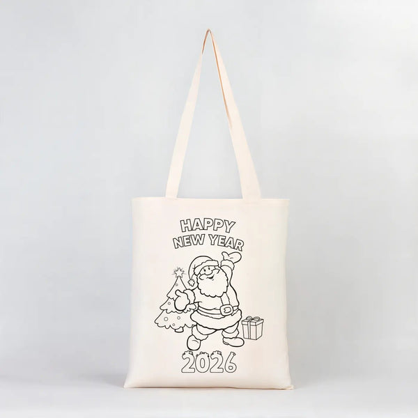 Happy New Year 2026 Coloring Tote – Santa with Christmas Tree Cotton Bag - Pamusan.com
