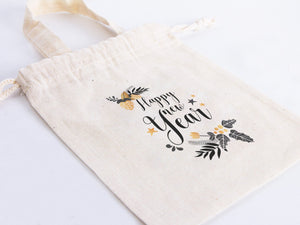 Happy New Year Bear Favor Bags - 6"W x 8"H (15.5 cm x 20 cm) Personalised Cotton & Muslin Bags, New Year Pouch Bags - Pamusan.com