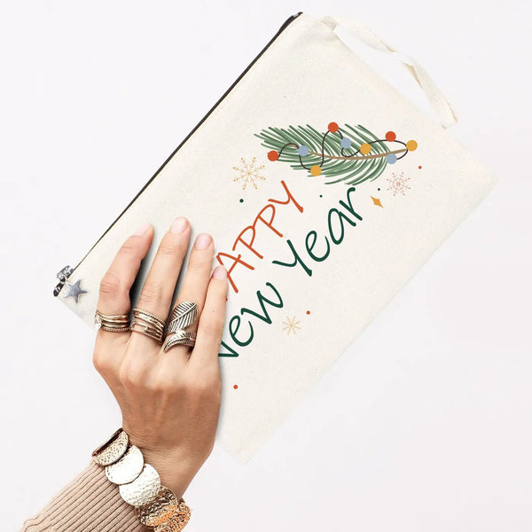 Happy New Year Clutch Bag – Festive Dog Design Zippered Canvas Pouch - Pamusan.com