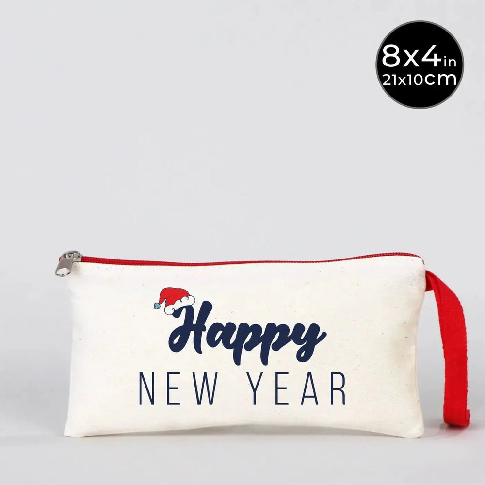 Happy New Year Pencil Case 8" × 4" (21 × 10 cm) – Festive Holiday Design with Red Zipper - Pamusan.com