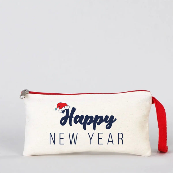 Happy New Year Pencil Case – Festive Holiday Design with Red Zipper Handle - Pamusan.com