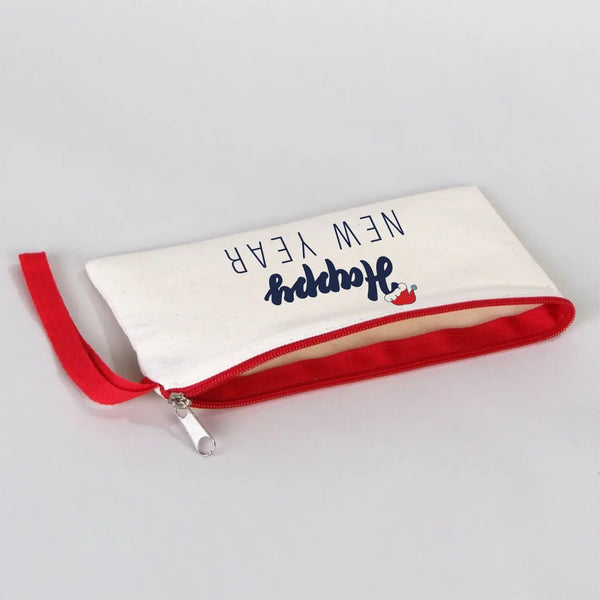 Happy New Year Pencil Case – Festive Holiday Design with Red Zipper Handle - Pamusan.com