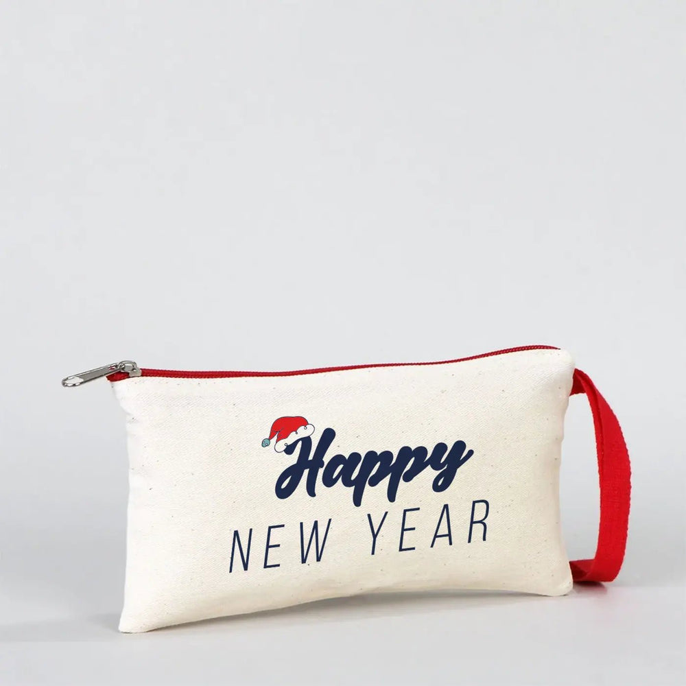 Happy New Year Pencil Case 8" × 4" (21 × 10 cm) – Festive Holiday Design with Red Zipper - Pamusan.com