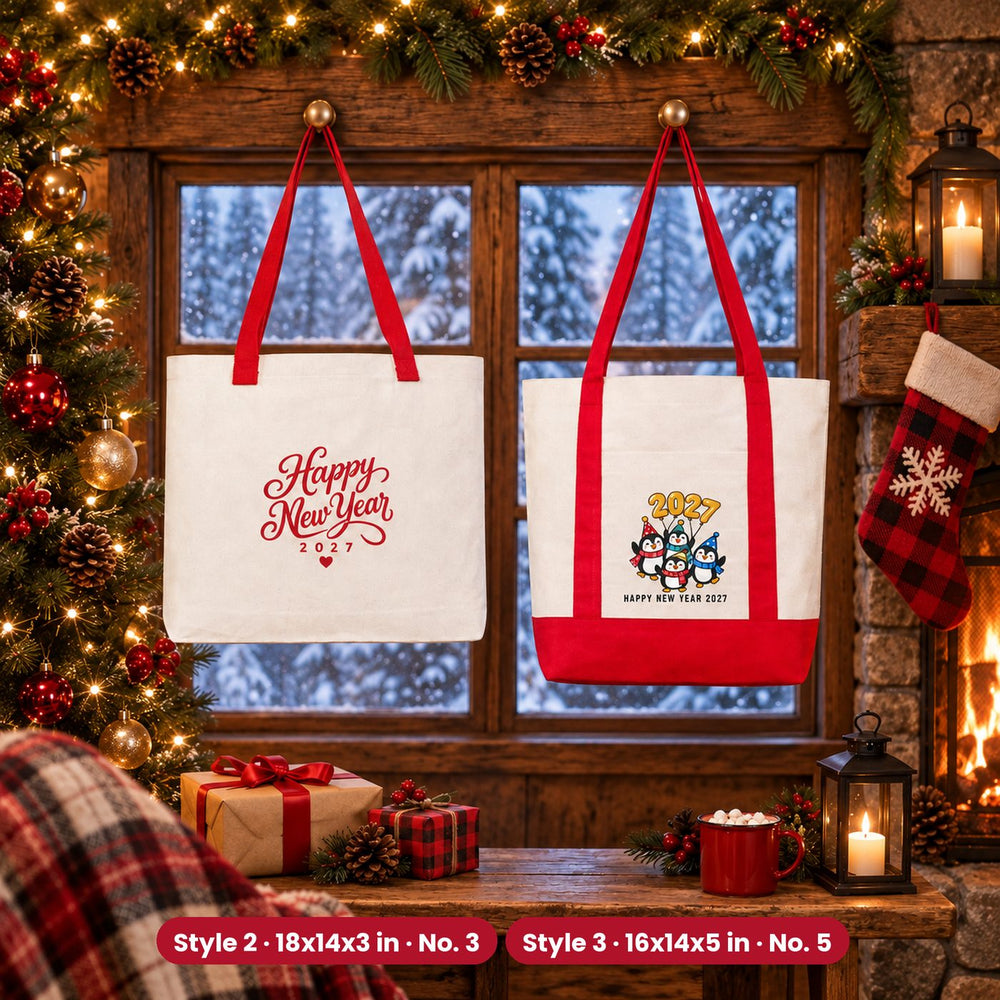 Happy New Year Tote Bags Bulk – Canvas Tote Bags in 3 Styles: Large City 18" × 14" × 4", Red Handles 18" × 14" × 3" or Red Trim 16" × 14" × 5", 18 New Year 2027 Designs - Pamusan.com