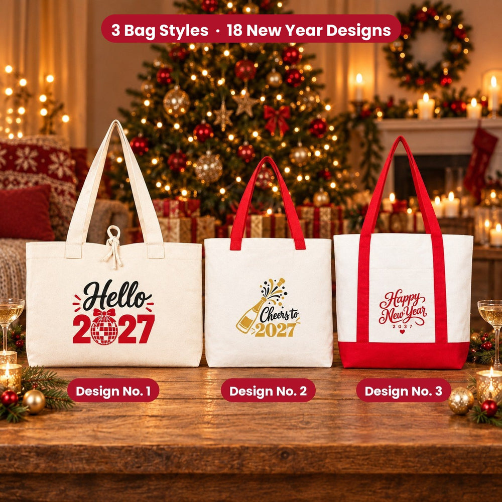 Happy New Year Tote Bags Bulk – Canvas Tote Bags in 3 Styles: Large City 18" × 14" × 4", Red Handles 18" × 14" × 3" or Red Trim 16" × 14" × 5", 18 New Year 2027 Designs - Pamusan.com