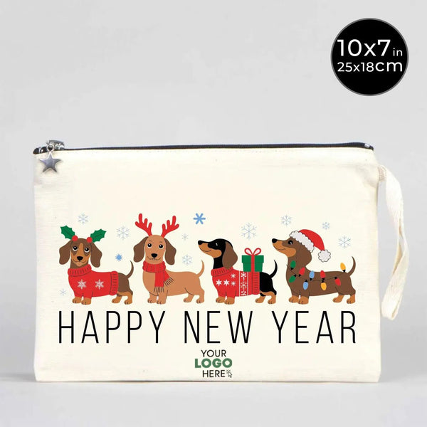 Happy New Year Zipper Pouch 10" × 7" (25 × 18 cm) – Festive Dog Design Gift Bag - Pamusan.com