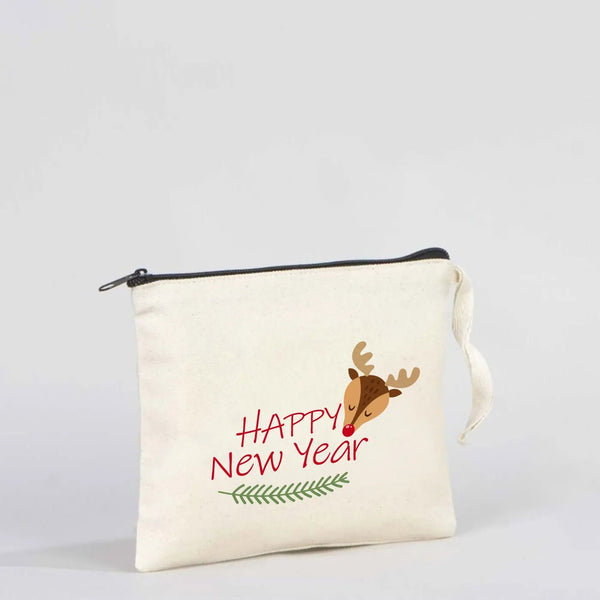 Happy New Year Zipper Pouch 8" × 6" (21 × 15 cm) – Personalized Cotton Holiday Gift Bag - Pamusan.com