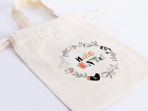Hello Winter Gift Bags - 6"W x 8"H (15.5 cm x 20 cm) Custom Family or Company Bags, Add Logo & Text, Personalized Cotton Bags - Pamusan.com