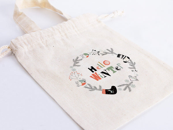 Hello Winter Gift Bags - 6"W x 8"H (15.5 cm x 20 cm) Custom Family or Company Bags, Add Logo & Text, Personalized Cotton Bags - Pamusan.com