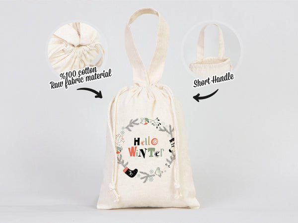 Hello Winter Gift Bags - 6"W x 8"H (15.5 cm x 20 cm) Custom Family or Company Bags, Add Logo & Text, Personalized Cotton Bags - Pamusan.com