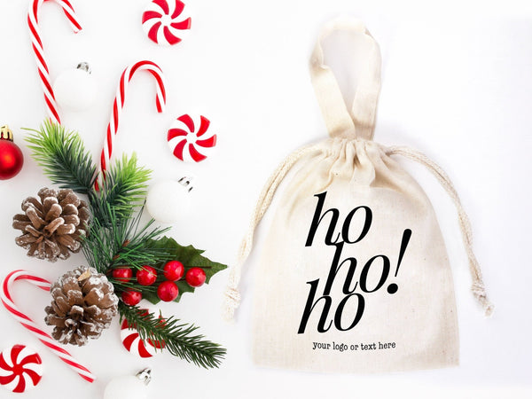 Ho Ho Ho! Christmas Tote Bags - 6"W x 8"H (15.5 cm x 20 cm) Custom Family or Company Bags - Add Your Logo & Text - Personalized Cotton Bags - Pamusan.com