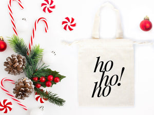 Ho Ho Ho! Christmas Tote Bags - 6"W x 8"H (15.5 cm x 20 cm) Custom Family or Company Bags - Add Your Logo & Text - Personalized Cotton Bags - Pamusan.com