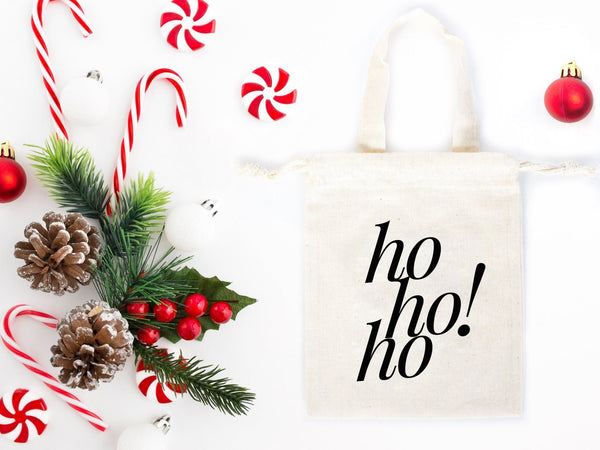 Ho Ho Ho! Christmas Tote Bags - 6"W x 8"H (15.5 cm x 20 cm) Custom Family or Company Bags - Add Your Logo & Text - Personalized Cotton Bags - Pamusan.com
