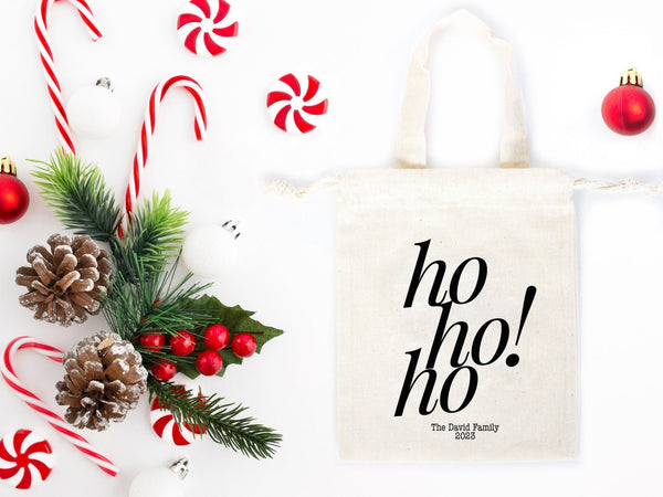 Ho Ho Ho! Christmas Tote Bags - 6"W x 8"H (15.5 cm x 20 cm) Custom Family or Company Bags - Add Your Logo & Text - Personalized Cotton Bags - Pamusan.com