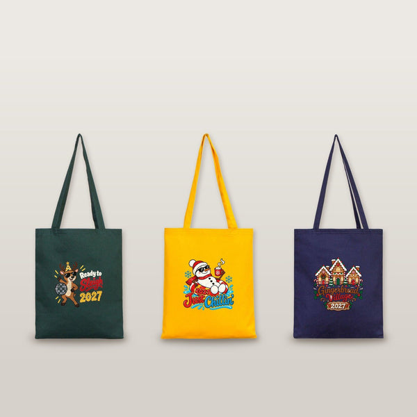 Holiday Gift Bags Bulk – Green, Yellow or Navy Cotton Gabardine Tote Bags 14" × 16" (35 × 40 cm), 18 Christmas & New Year 2027 Designs - Pamusan.com