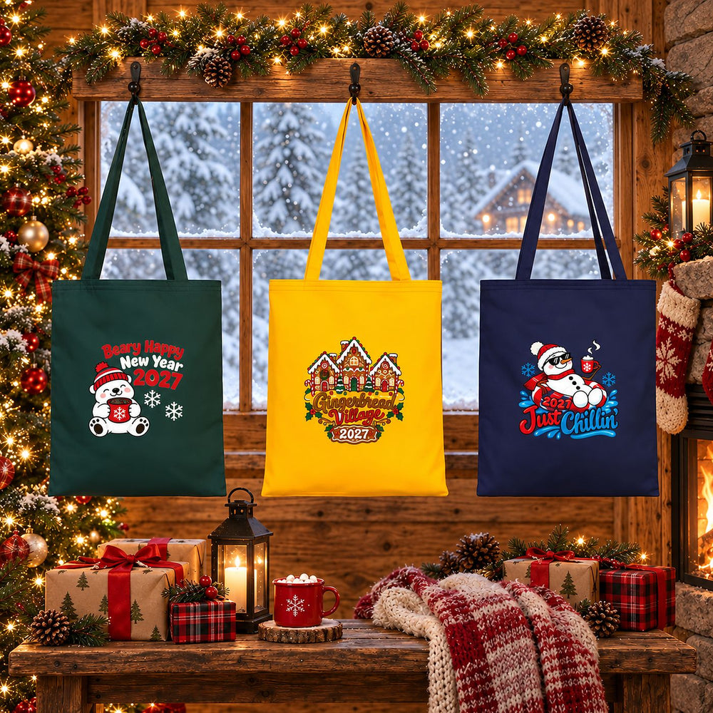 Holiday Gift Bags Bulk – Green, Yellow or Navy Cotton Gabardine Tote Bags 14" × 16" (35 × 40 cm), 18 Christmas & New Year 2027 Designs - Pamusan.com