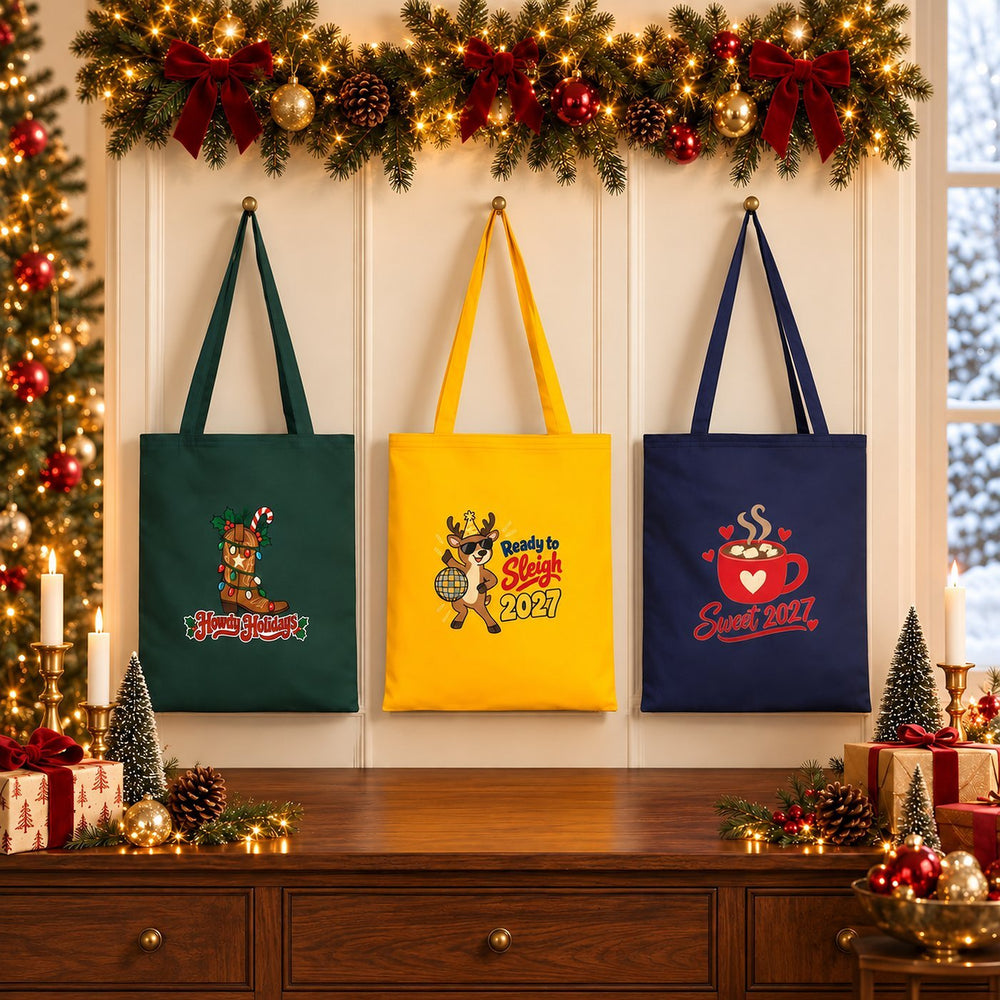 Holiday Gift Bags Bulk – Green, Yellow or Navy Cotton Gabardine Tote Bags 14" × 16" (35 × 40 cm), 18 Christmas & New Year 2027 Designs - Pamusan.com
