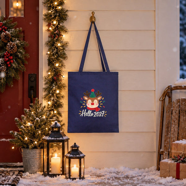 Holiday Gift Bags Bulk – Green, Yellow or Navy Cotton Gabardine Tote Bags 14" × 16" (35 × 40 cm), 18 Christmas & New Year 2027 Designs - Pamusan.com