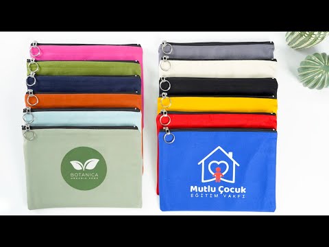Collection of colorful pouches with visible branding on a white background