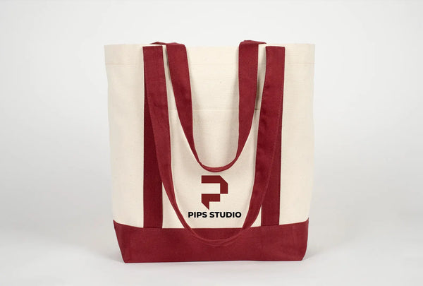 Large Trend Canvas Shopping Bag with Burgundy Handle, 16"W x 14"H x 5"L, 12 Oz, Personalized