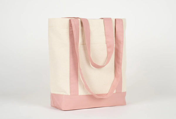 Large Trend Canvas Shopping Bag with Pink Handle, 16"W x 14"H x 5"L, Large Tote Bag 12 Oz, Personalized