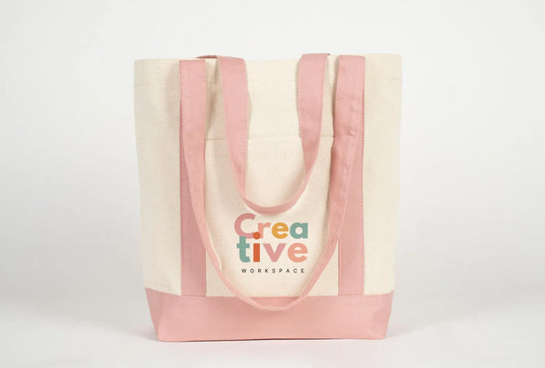 Large Trend Canvas Shopping Bag with Pink Handle, 16"W x 14"H x 5"L, Large Tote Bag 12 Oz, Personalized