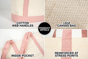Large Blank Canvas Tote Bag with Pink Handles – 16"x14"x5", Eco-Friendly & Reusable