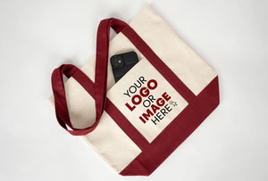 Large Trend Canvas Shopping Bag with Burgundy Handle, 16"W x 14"H x 5"L, 12 Oz, Personalized