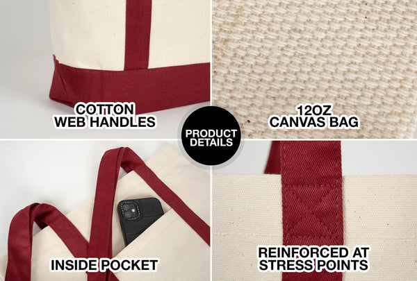 Large Canvas Tote Bag with Burgundy Handles – Sustainable & Heavy Duty Canvas Bag