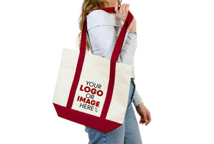 Large Trend Canvas Shopping Bag with Burgundy Handle, 16"W x 14"H x 5"L, 12 Oz, Personalized