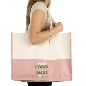 Personalized canvas tote bag with pink bottom and logo
