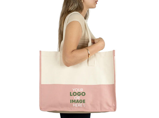 Personalized canvas tote bag with pink bottom and logo
