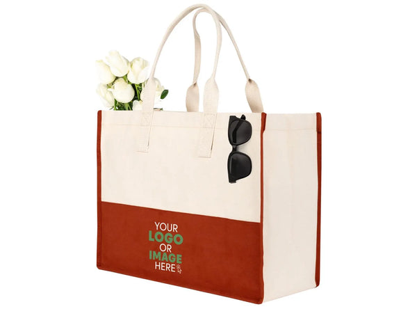 Custom printed canvas tote bags displayed at local boutique