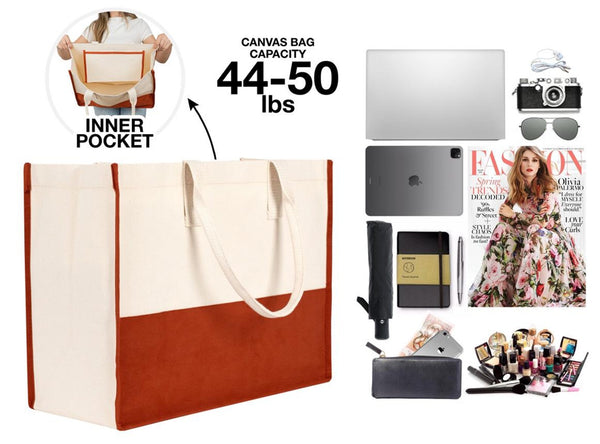 Side view of spacious canvas tote bag in red and beige – stylish and functional cotton carryall