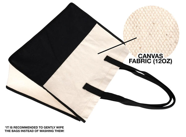 of black and beige canvas bag with sunglasses and baguette inside – lifestyle shot